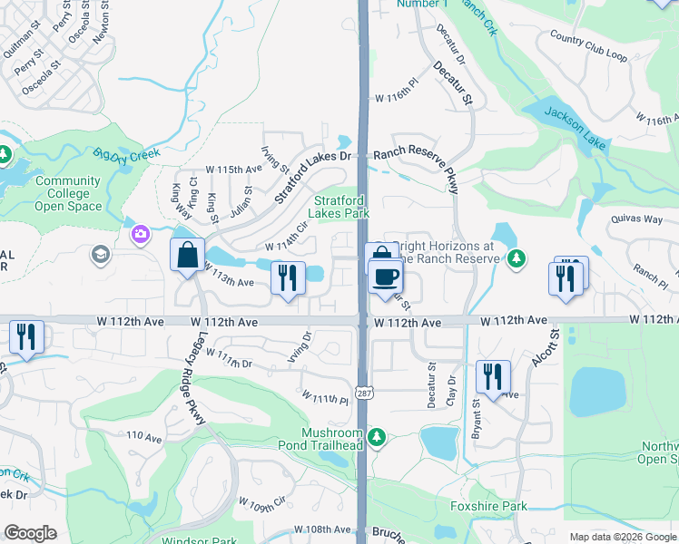 map of restaurants, bars, coffee shops, grocery stores, and more near 11298 Grove Street in Westminster