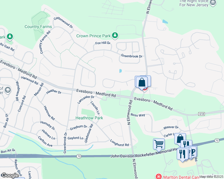 map of restaurants, bars, coffee shops, grocery stores, and more near 72 Hibiscus Drive in Evesham Township