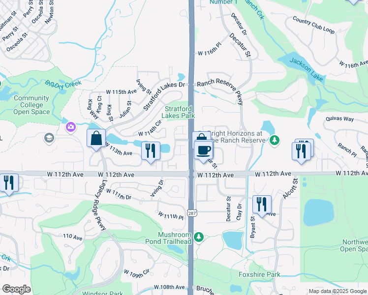 map of restaurants, bars, coffee shops, grocery stores, and more near 11298 Grove Street in Westminster