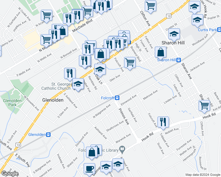 map of restaurants, bars, coffee shops, grocery stores, and more near 1562 Woodland Avenue in Folcroft