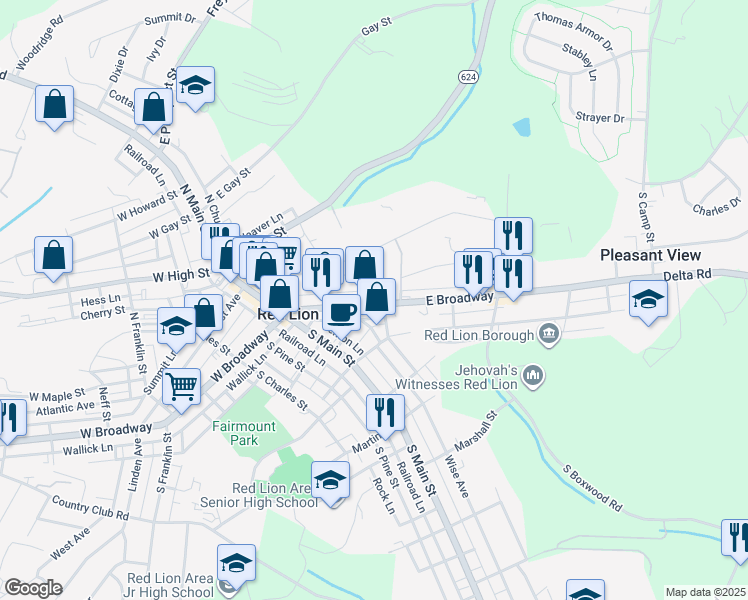 map of restaurants, bars, coffee shops, grocery stores, and more near 201 East Broadway in Red Lion