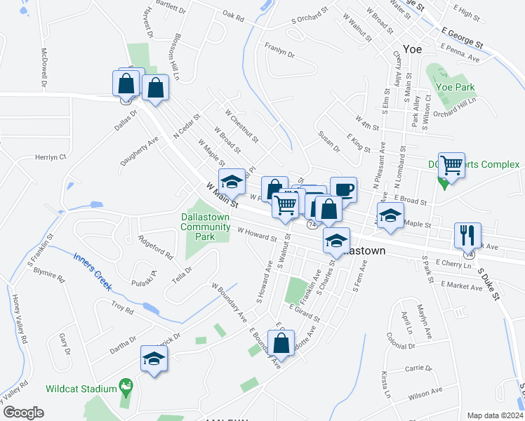 map of restaurants, bars, coffee shops, grocery stores, and more near 63 West Main Street in Dallastown