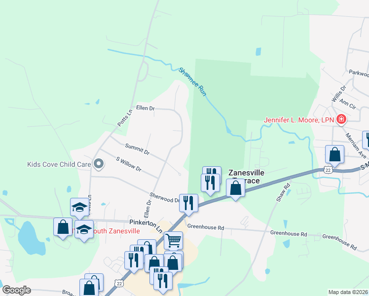 map of restaurants, bars, coffee shops, grocery stores, and more near 1271 Ellen Drive in Zanesville