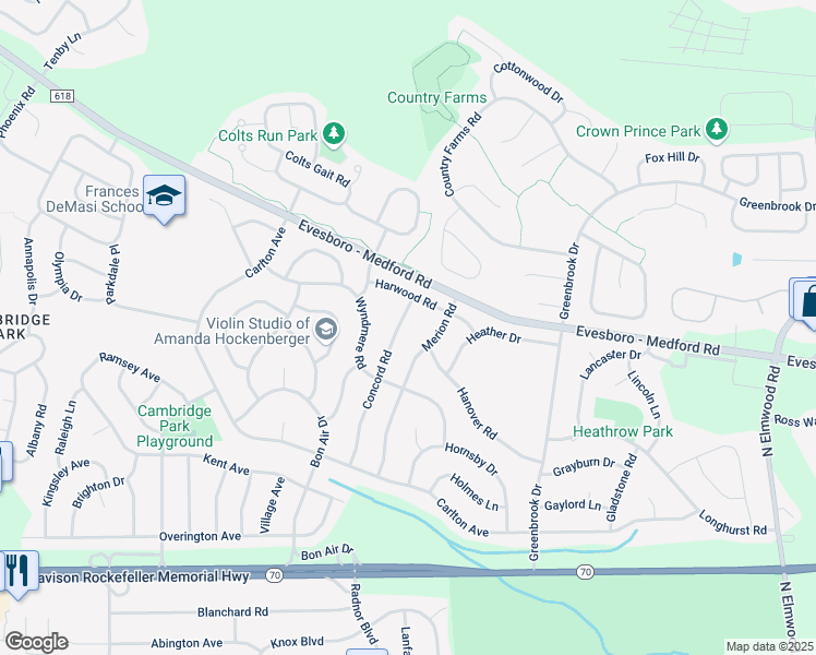 map of restaurants, bars, coffee shops, grocery stores, and more near 42 Concord Road in Evesham