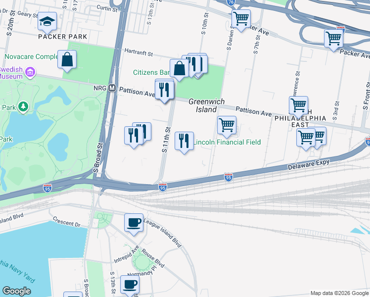 map of restaurants, bars, coffee shops, grocery stores, and more near One Lincoln Financial Field Way in Philadelphia