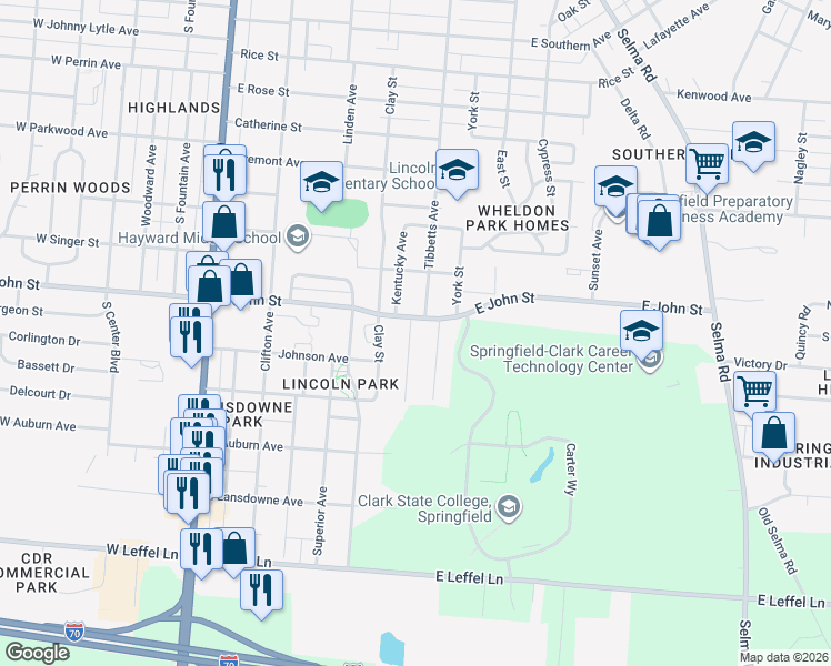 map of restaurants, bars, coffee shops, grocery stores, and more near 1870 Clay Street in Springfield