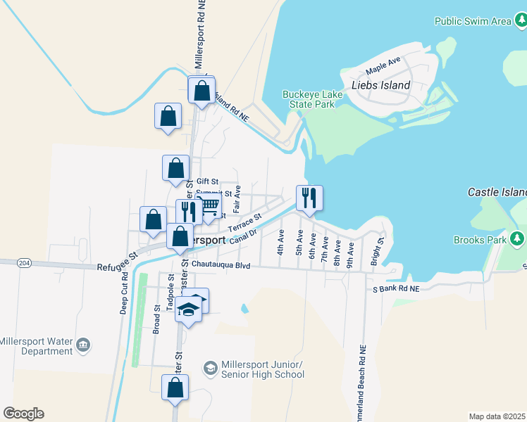 map of restaurants, bars, coffee shops, grocery stores, and more near 2735 East Park Street in Millersport