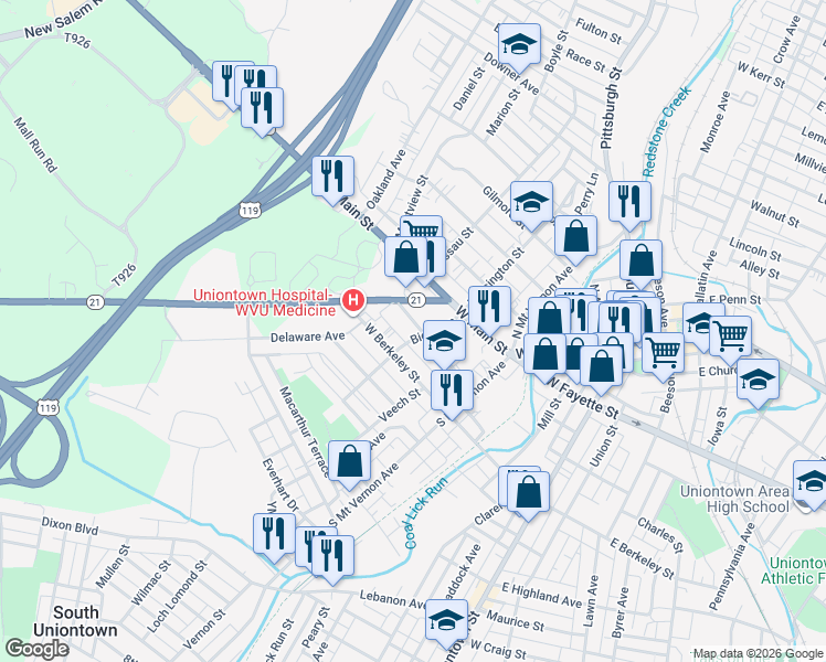 map of restaurants, bars, coffee shops, grocery stores, and more near 73 Evergreen Terrace in Uniontown