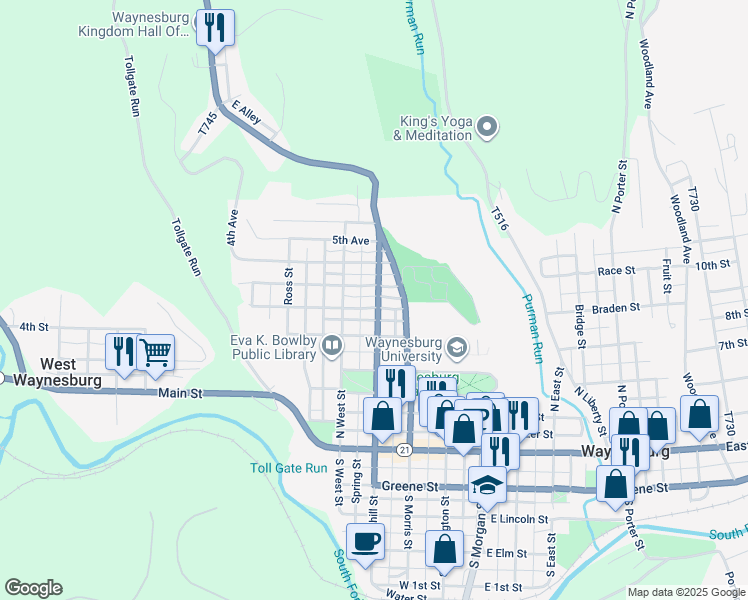 map of restaurants, bars, coffee shops, grocery stores, and more near 511 North Richhill Street in Waynesburg