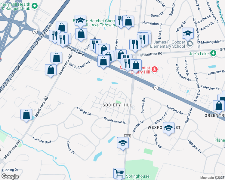 map of restaurants, bars, coffee shops, grocery stores, and more near 230 Society Hill Boulevard in Cherry Hill
