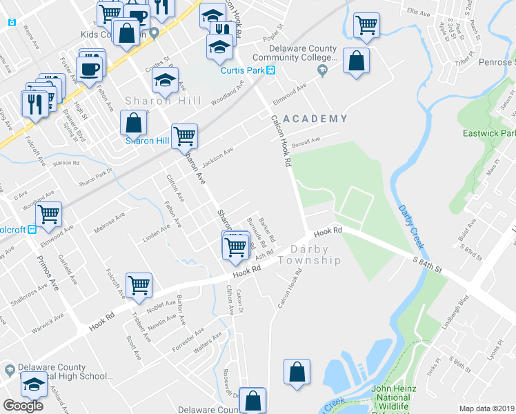 map of restaurants, bars, coffee shops, grocery stores, and more near 1001 Laurel Road in Sharon Hill