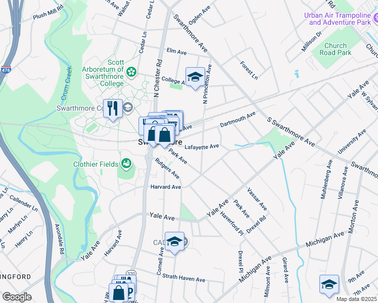 map of restaurants, bars, coffee shops, grocery stores, and more near 314 Lafayette Avenue in Swarthmore