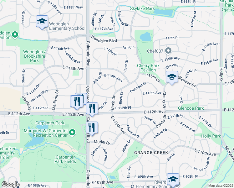 map of restaurants, bars, coffee shops, grocery stores, and more near 11327 Birch Drive in Thornton