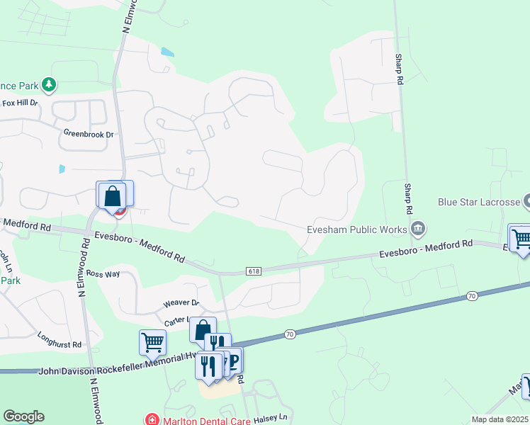 map of restaurants, bars, coffee shops, grocery stores, and more near 20 Clancy Court in Evesham