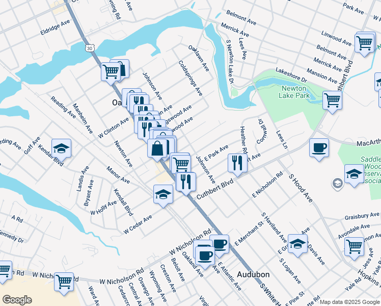 map of restaurants, bars, coffee shops, grocery stores, and more near 27 East Holly in Haddon Township