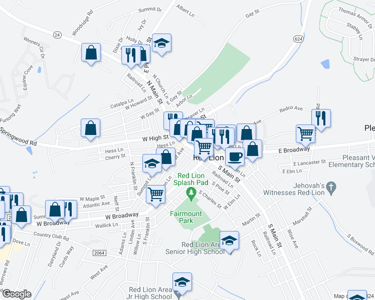 map of restaurants, bars, coffee shops, grocery stores, and more near 60 North Main Street in Red Lion