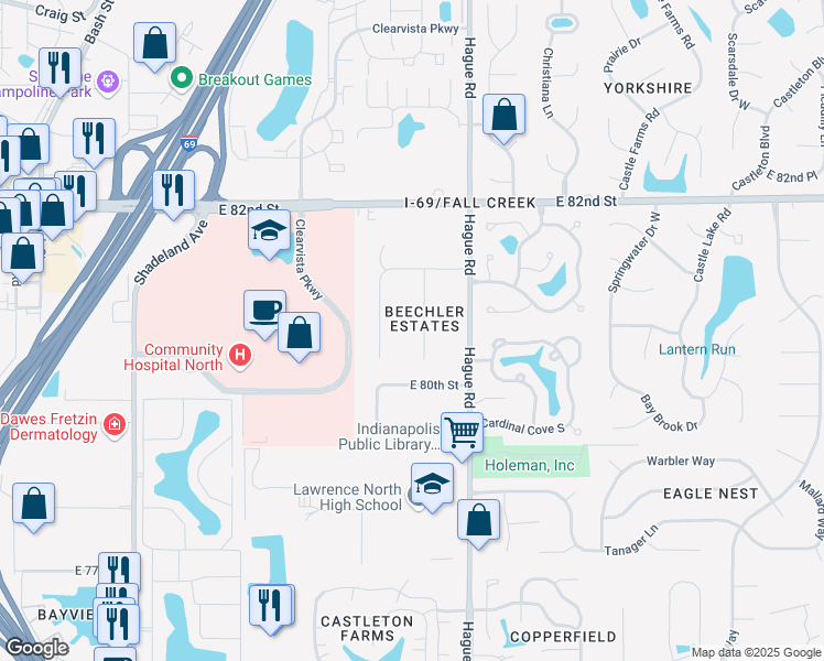 map of restaurants, bars, coffee shops, grocery stores, and more near 8036 Wallingwood Drive in Indianapolis