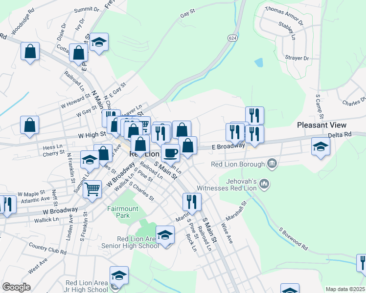 map of restaurants, bars, coffee shops, grocery stores, and more near 201 East Broadway in Red Lion