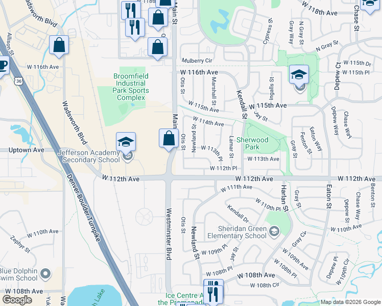 map of restaurants, bars, coffee shops, grocery stores, and more near 11313 Newland St in Broomfield