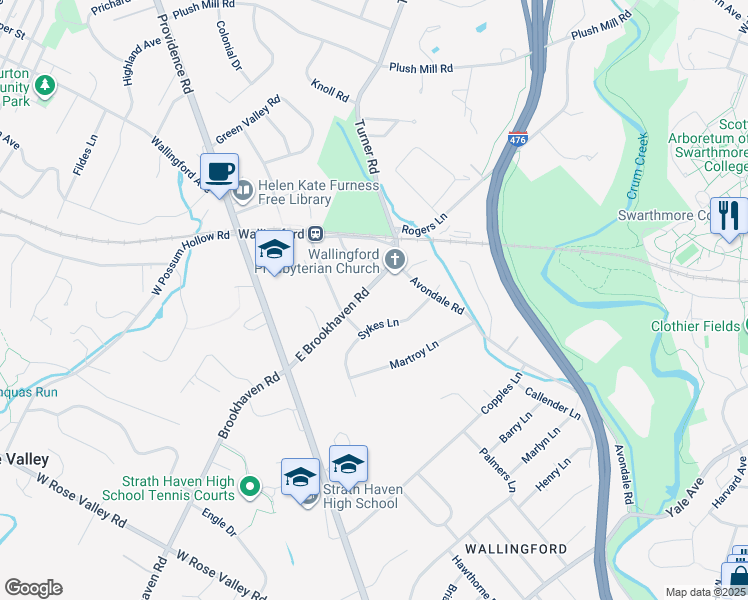 map of restaurants, bars, coffee shops, grocery stores, and more near 106 East Brookhaven Road in Nether Providence Township