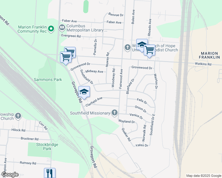 map of restaurants, bars, coffee shops, grocery stores, and more near 3111 Woodway Road in Columbus