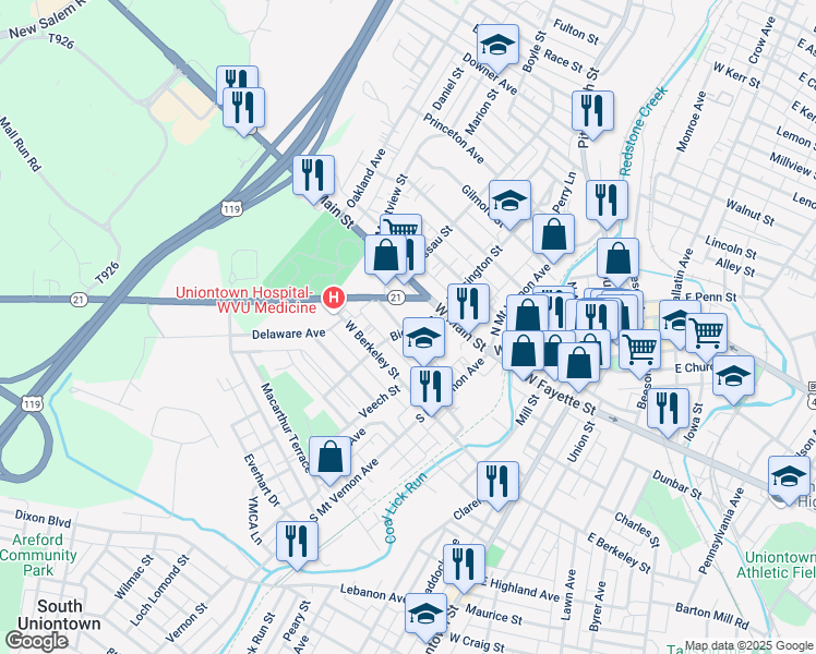 map of restaurants, bars, coffee shops, grocery stores, and more near 60 Bierer Lane in Uniontown