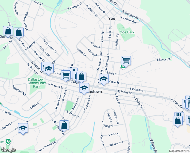 map of restaurants, bars, coffee shops, grocery stores, and more near 104 North Pleasant Avenue in Dallastown
