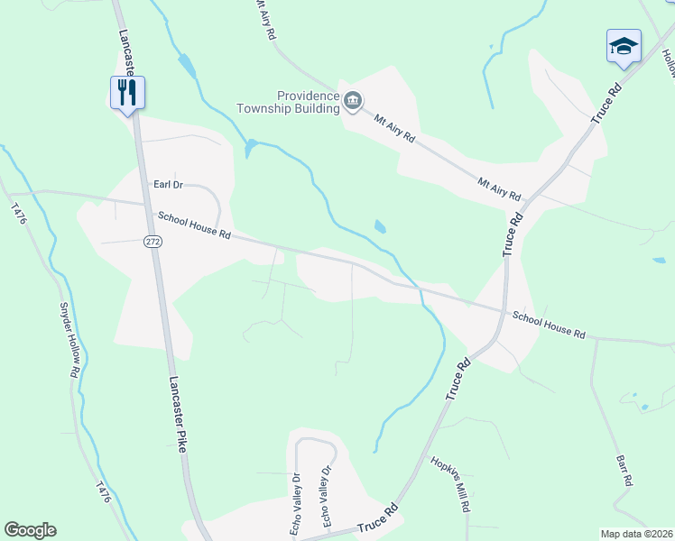 map of restaurants, bars, coffee shops, grocery stores, and more near 366 School House Road in New Providence