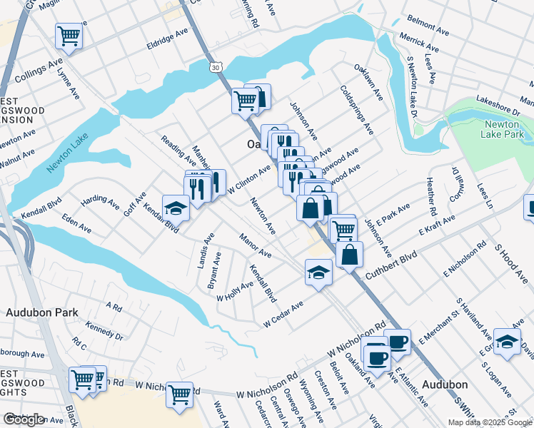 map of restaurants, bars, coffee shops, grocery stores, and more near 610 Newton Avenue in Oaklyn