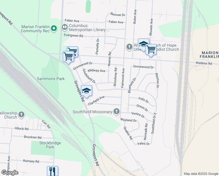 map of restaurants, bars, coffee shops, grocery stores, and more near 3111 Woodway Road in Columbus