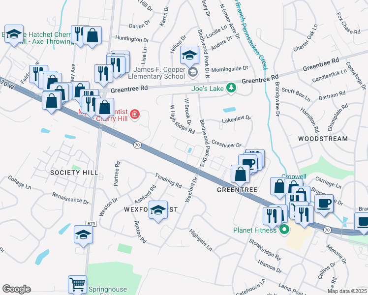 map of restaurants, bars, coffee shops, grocery stores, and more near 100 Cobble Creek Circle in Cherry Hill