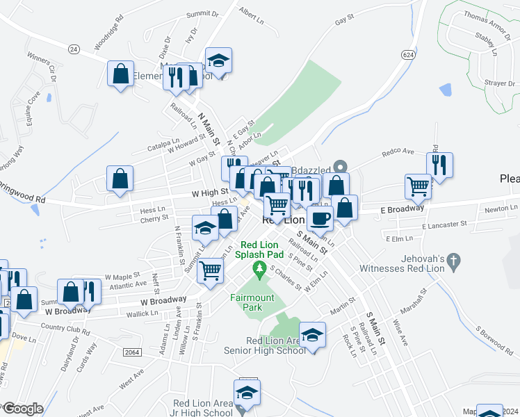 map of restaurants, bars, coffee shops, grocery stores, and more near 42 North Main Street in Red Lion