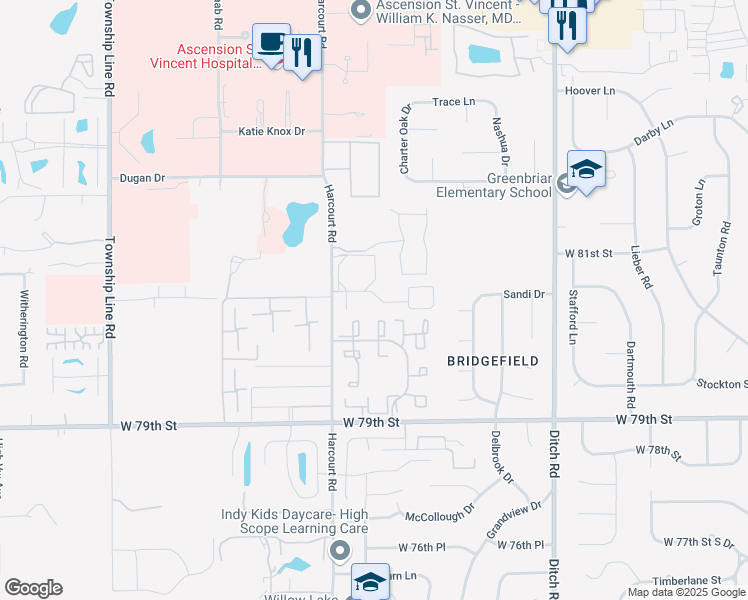 map of restaurants, bars, coffee shops, grocery stores, and more near 1801 Centurion Parkway in Indianapolis