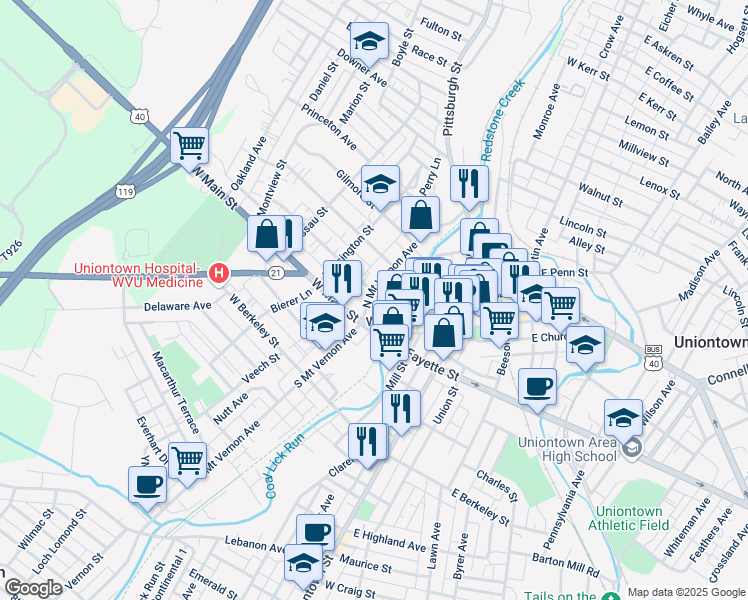 map of restaurants, bars, coffee shops, grocery stores, and more near 22 North Mount Vernon Avenue in Uniontown