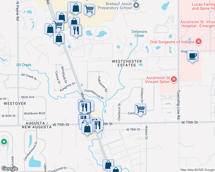 map of restaurants, bars, coffee shops, grocery stores, and more near 8069 Folkstone Road in Indianapolis