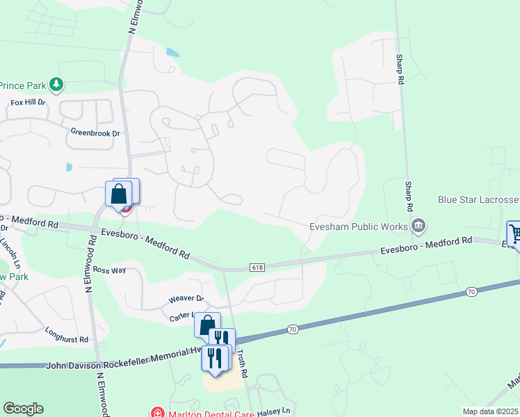 map of restaurants, bars, coffee shops, grocery stores, and more near 20 Clancy Court in Evesham