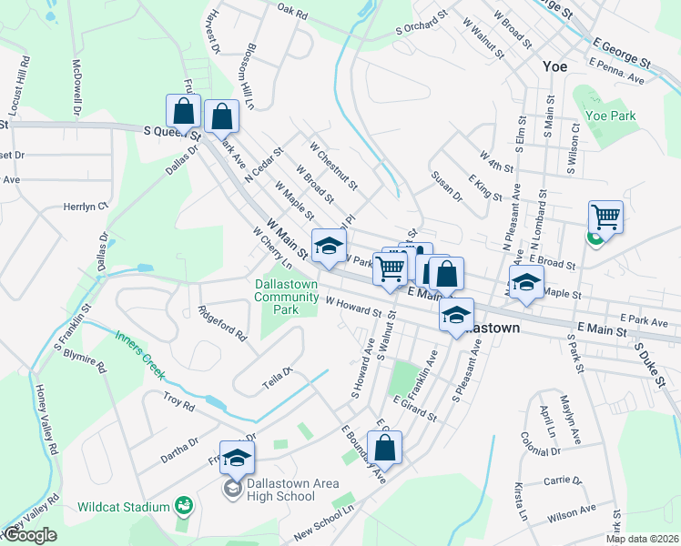map of restaurants, bars, coffee shops, grocery stores, and more near 104 West Main Street in Dallastown