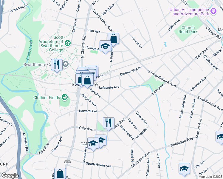 map of restaurants, bars, coffee shops, grocery stores, and more near 101 South Princeton Avenue in Swarthmore
