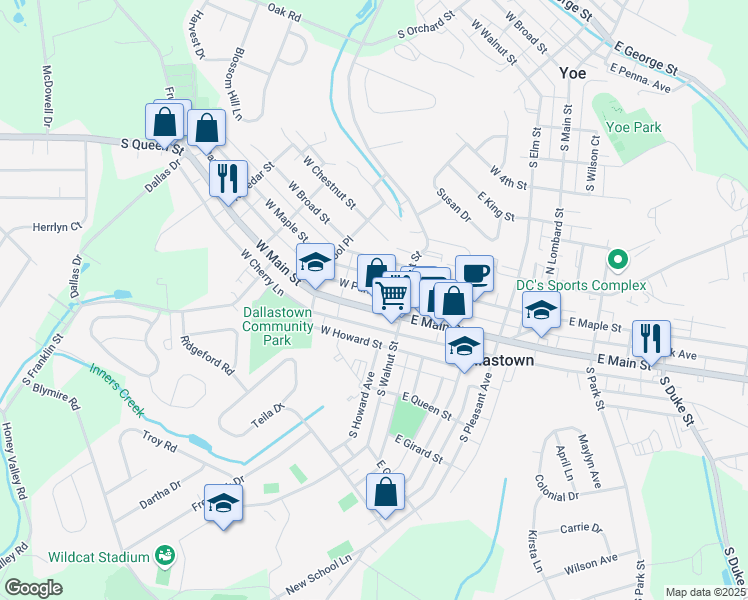 map of restaurants, bars, coffee shops, grocery stores, and more near 41 East Main Street in Dallastown