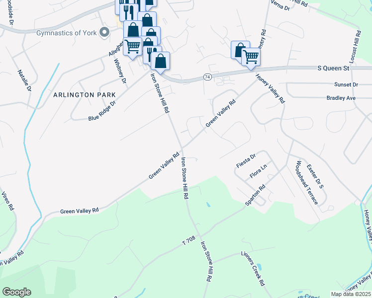 map of restaurants, bars, coffee shops, grocery stores, and more near 2805 Ironstone Hill Road in York