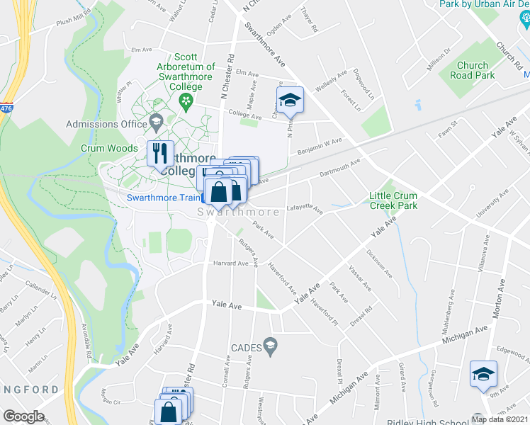 map of restaurants, bars, coffee shops, grocery stores, and more near 314 Lafayette Avenue in Swarthmore