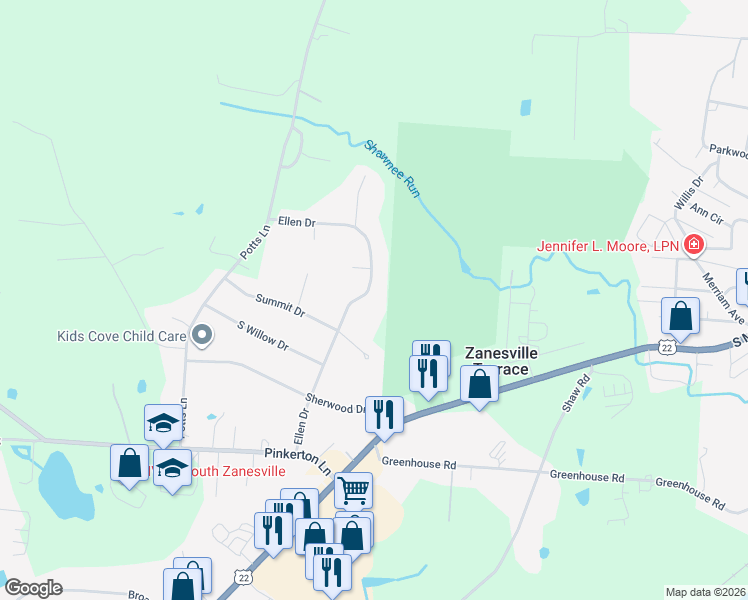 map of restaurants, bars, coffee shops, grocery stores, and more near 1271 Ellen Drive in Zanesville