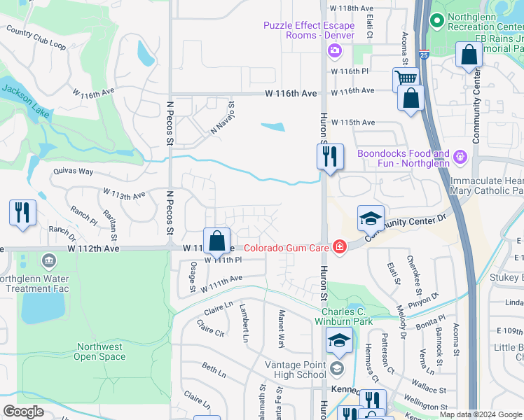 map of restaurants, bars, coffee shops, grocery stores, and more near 1093 West 112th Avenue in Westminster