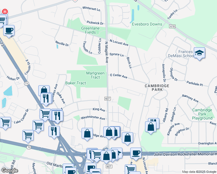 map of restaurants, bars, coffee shops, grocery stores, and more near 37 North Maple Avenue in Evesham
