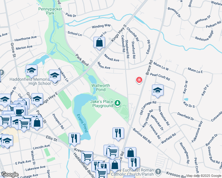 map of restaurants, bars, coffee shops, grocery stores, and more near 154-166 Park Boulevard in Cherry Hill