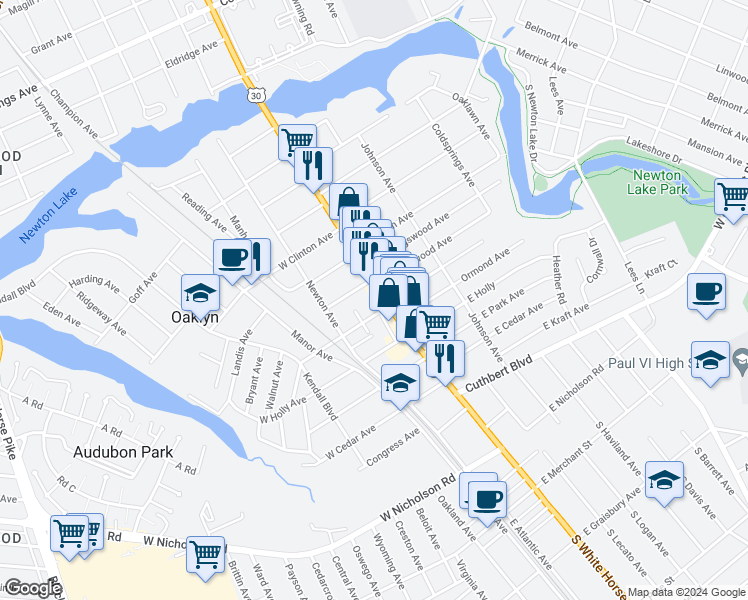 map of restaurants, bars, coffee shops, grocery stores, and more near in Haddon Township