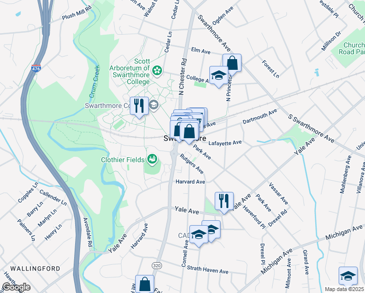 map of restaurants, bars, coffee shops, grocery stores, and more near in Swarthmore