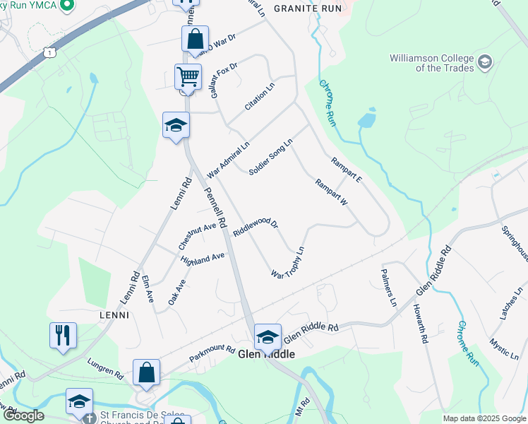 map of restaurants, bars, coffee shops, grocery stores, and more near 9 Riddlewood Drive in Media