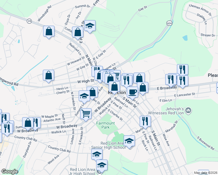 map of restaurants, bars, coffee shops, grocery stores, and more near in Red Lion