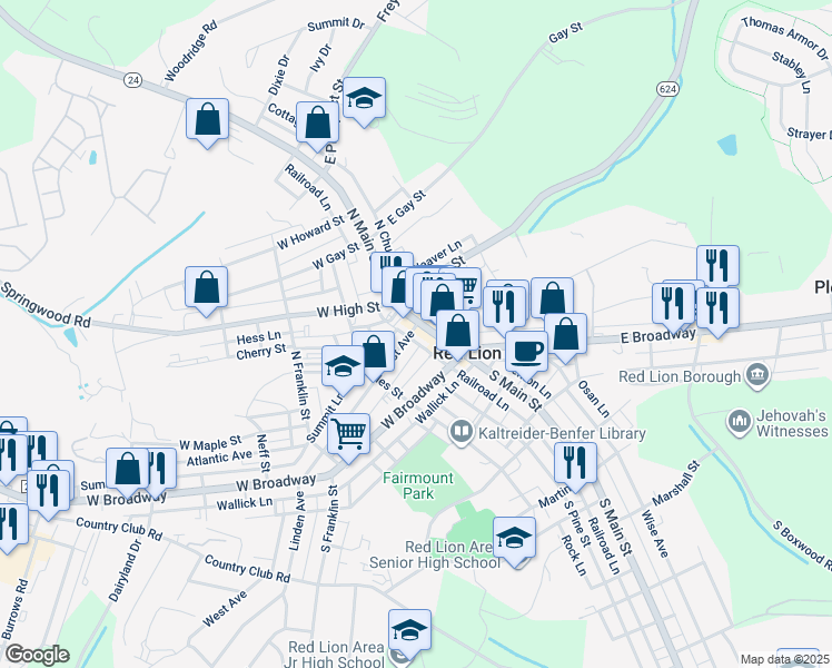 map of restaurants, bars, coffee shops, grocery stores, and more near 10 1st Avenue in Red Lion